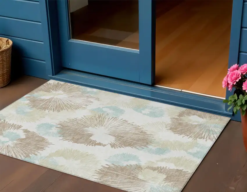 Brown Ivory And Teal Blue Floral Washable Indoor Outdoor Area Rug Photo 2