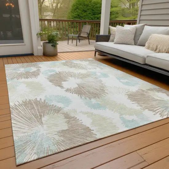 Brown Ivory And Teal Blue Floral Washable Indoor Outdoor Area Rug Photo 7