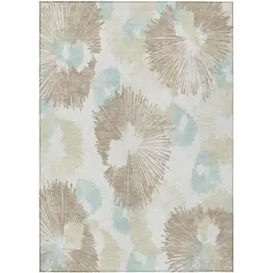 Photo of Brown Ivory And Teal Blue Floral Washable Indoor Outdoor Area Rug