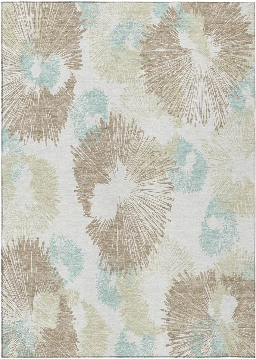 Brown Ivory And Teal Blue Floral Washable Indoor Outdoor Area Rug Photo 1
