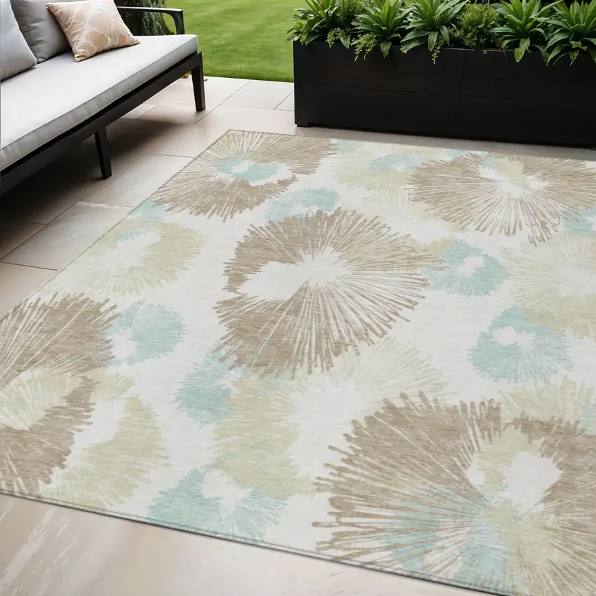 Brown Ivory And Teal Blue Floral Washable Indoor Outdoor Area Rug Photo 2