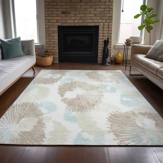 Brown Ivory And Teal Blue Floral Washable Indoor Outdoor Area Rug Photo 9