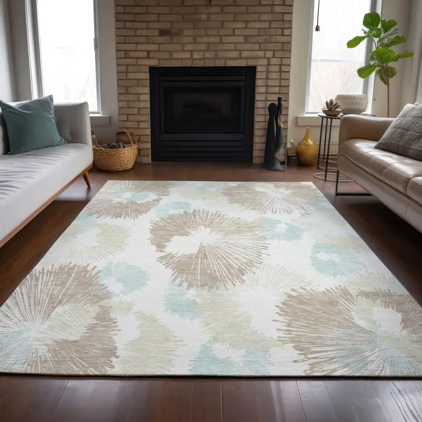 Brown Ivory And Teal Blue Floral Washable Indoor Outdoor Area Rug Photo 9