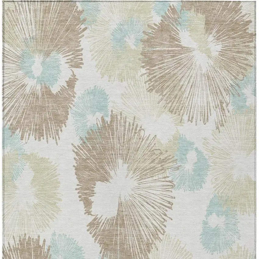 Brown Ivory And Teal Blue Floral Washable Indoor Outdoor Area Rug Photo 3
