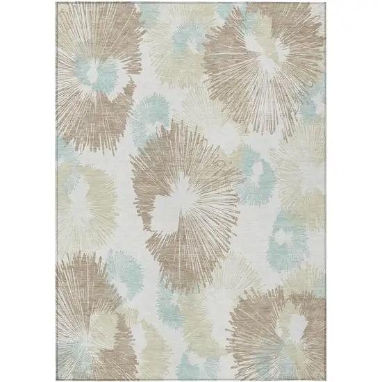 Brown Ivory And Teal Blue Floral Washable Indoor Outdoor Area Rug Photo 1