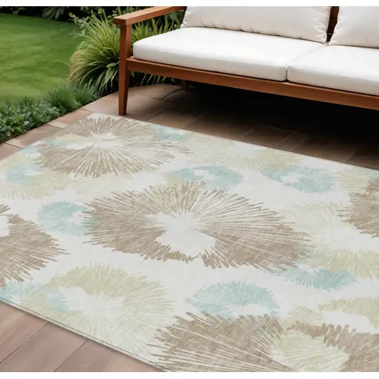 Brown Ivory And Teal Blue Floral Washable Indoor Outdoor Area Rug Photo 2