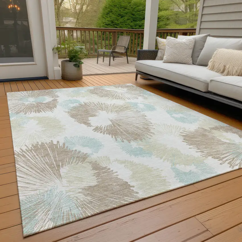 Brown Ivory And Teal Blue Floral Washable Indoor Outdoor Area Rug Photo 7