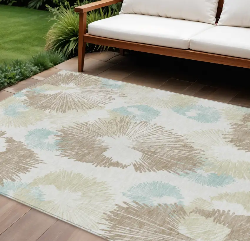 Brown Ivory And Teal Blue Floral Washable Indoor Outdoor Area Rug Photo 2