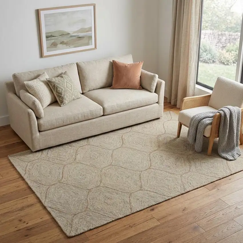 Brown Ivory And White Wool Geometric Hand Tufted Area Rug Photo 1