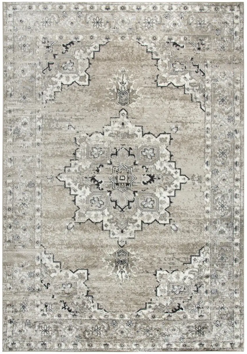Brown Ivory Gray And Black Medallion Area Rug Photo 4