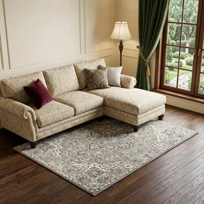 Brown Ivory Gray And Black Medallion Area Rug Photo 1