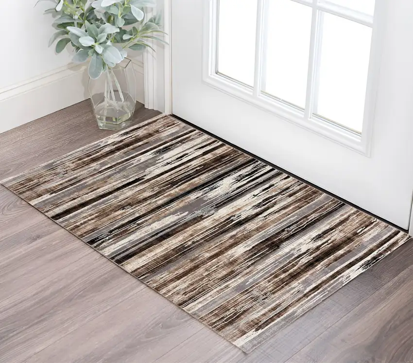 Brown Ivory and Tan Abstract Washable Non Skid Area Rug Photo 1