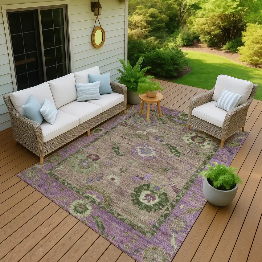 Brown Lavender And Ivory Floral Medallion Washable Indoor Outdoor Area Rug Photo 8