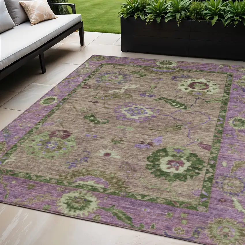 Brown Lavender And Ivory Floral Medallion Washable Indoor Outdoor Area Rug Photo 1