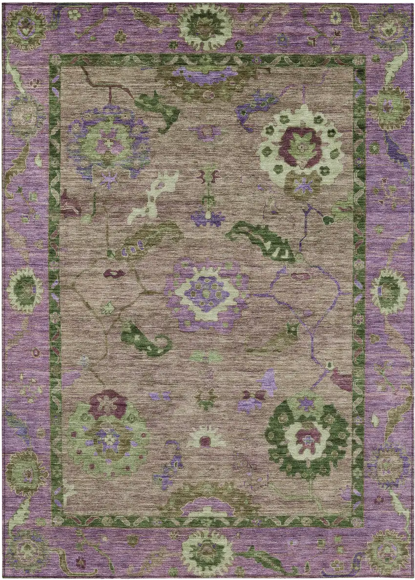 Brown Lavender And Ivory Floral Medallion Washable Indoor Outdoor Area Rug Photo 2