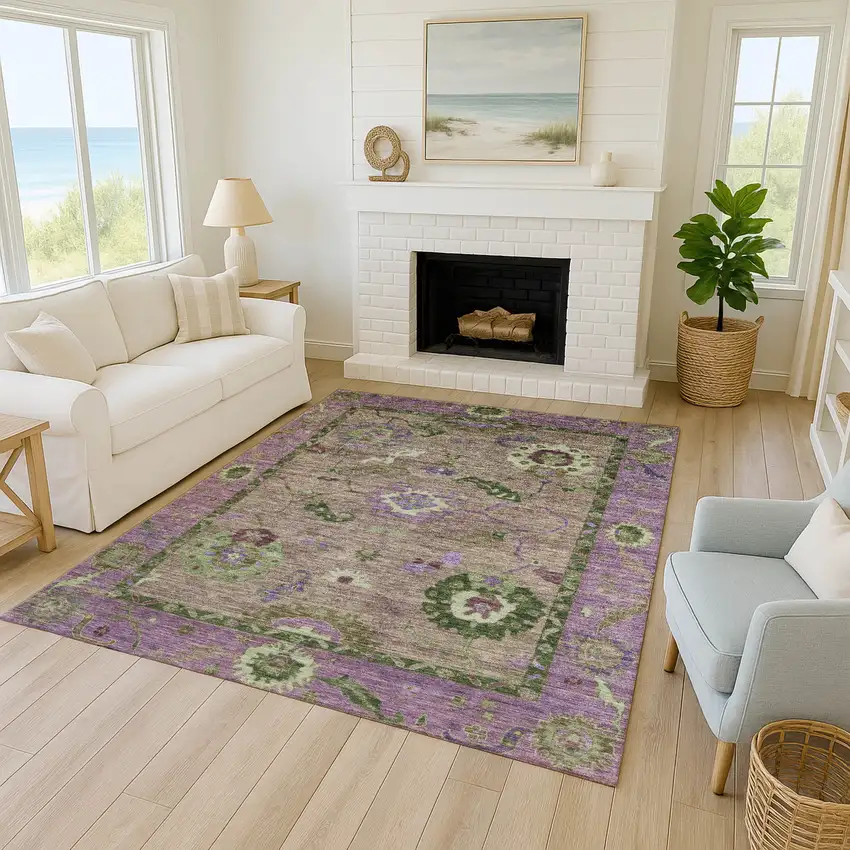 Brown Lavender And Ivory Floral Medallion Washable Indoor Outdoor Area Rug Photo 9