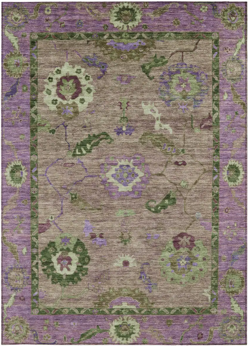 Brown Lavender And Ivory Floral Medallion Washable Indoor Outdoor Area Rug Photo 5