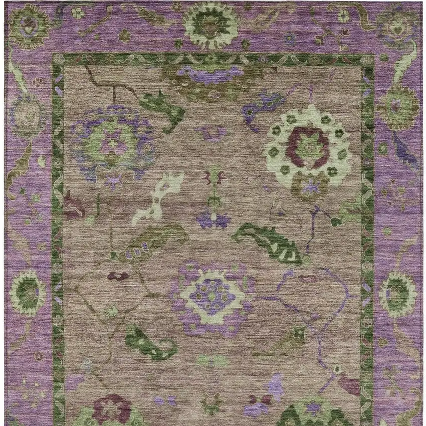 Brown Lavender And Ivory Floral Medallion Washable Indoor Outdoor Area Rug Photo 4