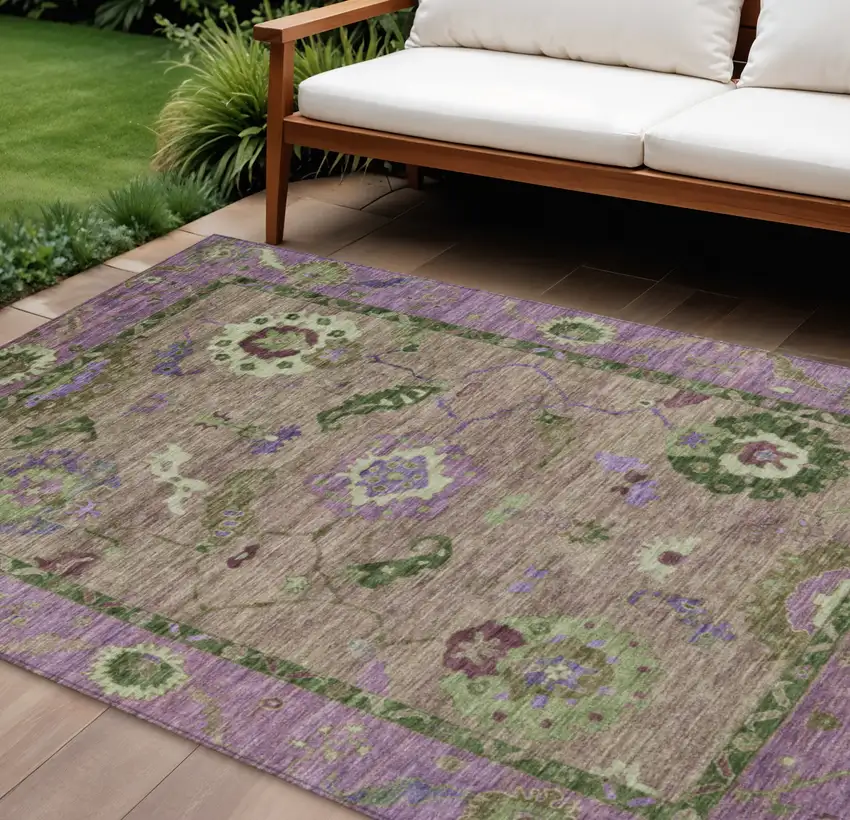 Brown Lavender And Ivory Floral Medallion Washable Indoor Outdoor Area Rug Photo 1