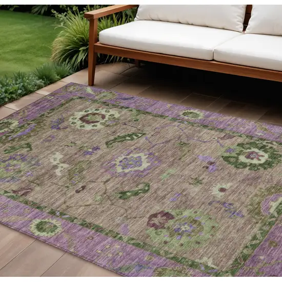 Brown Lavender And Ivory Floral Medallion Washable Indoor Outdoor Area Rug Photo 1