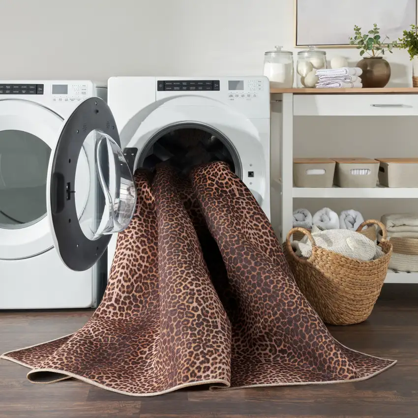 Brown Leopard Print Power Loom Washable Non Skid Runner Rug Photo 9