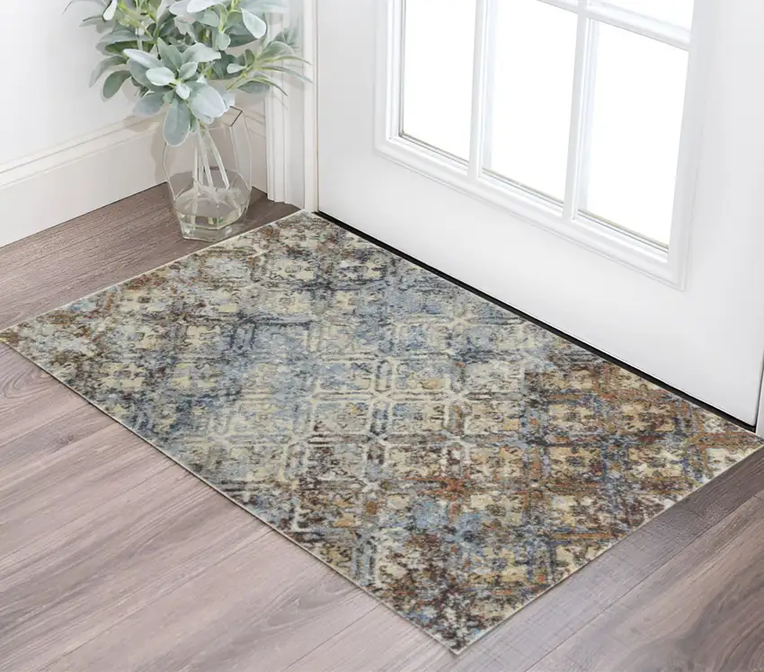 Brown Light Blue And Gray Distressed Diamond Area Rug Photo 1