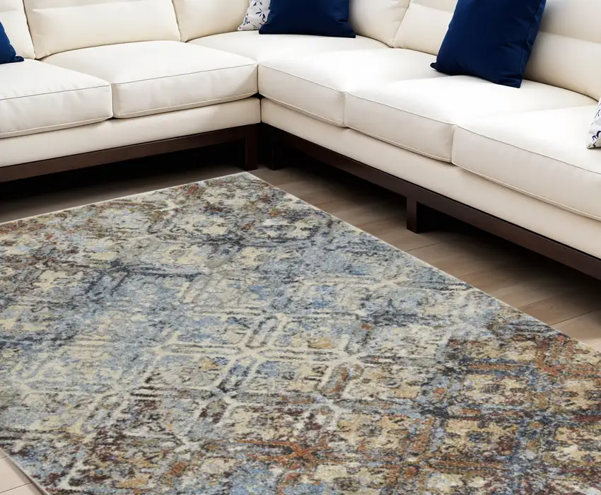 Brown Light Blue And Gray Distressed Diamond Area Rug Photo 1
