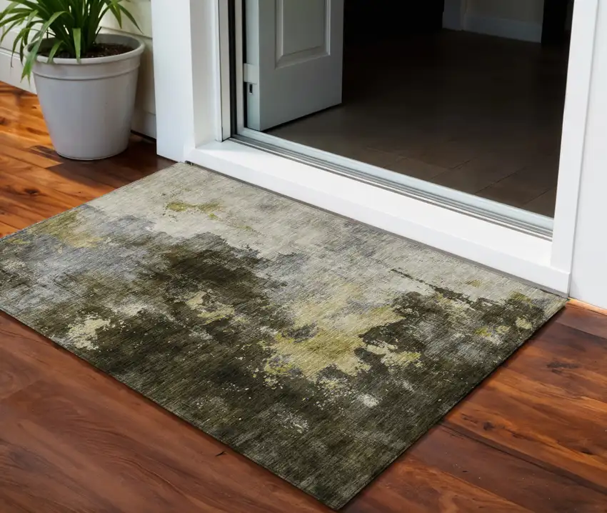 Brown Light Gray And Black Abstract Washable Indoor Outdoor Area Rug Photo 1