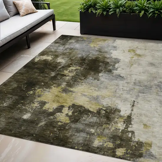 Brown Light Gray And Black Abstract Washable Indoor Outdoor Area Rug Photo 1