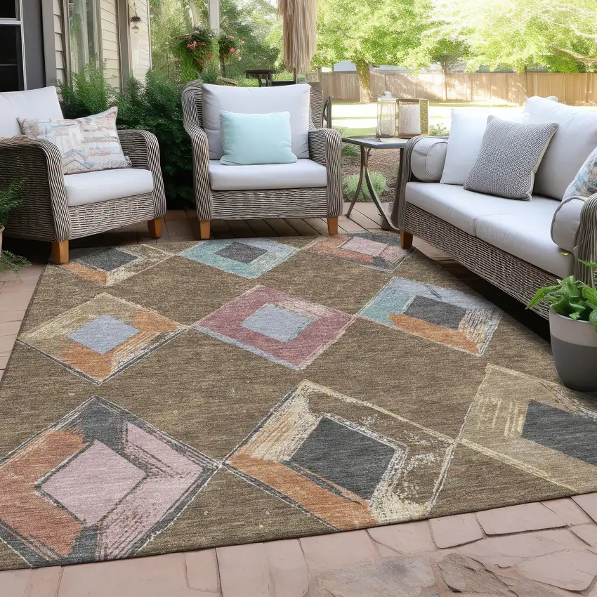 Brown Mauve And Charcoal Geometric Washable Indoor Outdoor Area Rug Photo 7