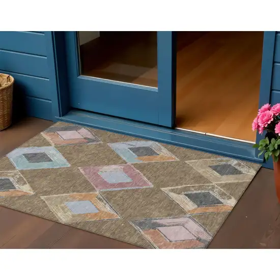 Brown Mauve And Charcoal Geometric Washable Indoor Outdoor Area Rug Photo 2