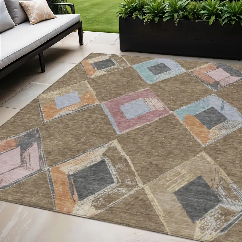Brown Mauve And Charcoal Geometric Washable Indoor Outdoor Area Rug Photo 2