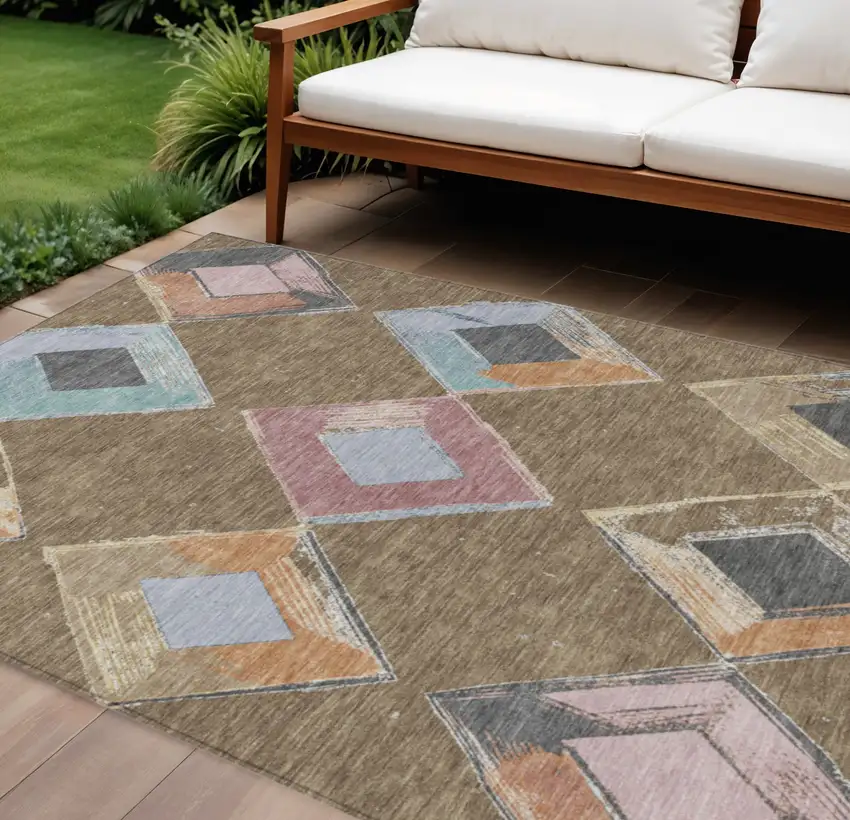 Brown Mauve And Charcoal Geometric Washable Indoor Outdoor Area Rug Photo 2