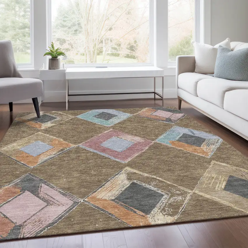 Brown Mauve And Charcoal Geometric Washable Indoor Outdoor Area Rug Photo 9