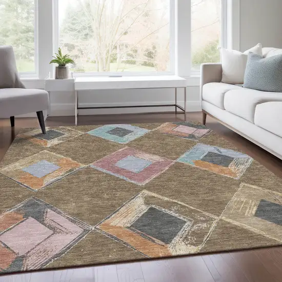 Brown Mauve And Charcoal Geometric Washable Indoor Outdoor Area Rug Photo 9