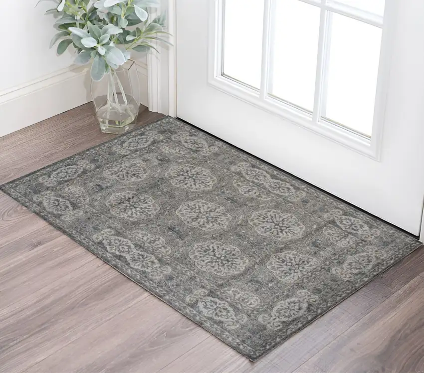 Charcoal and Gray Medallion Power Loom Area Rug Photo 1
