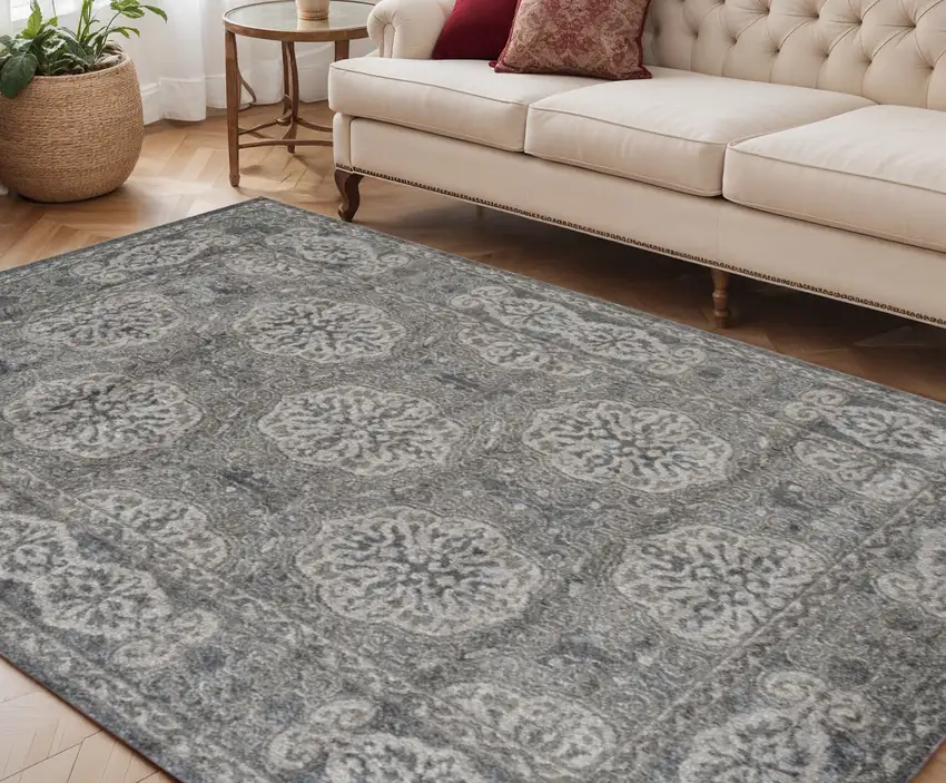 Charcoal and Gray Medallion Power Loom Area Rug Photo 1