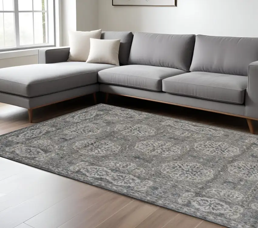 Charcoal and Gray Medallion Power Loom Area Rug Photo 1
