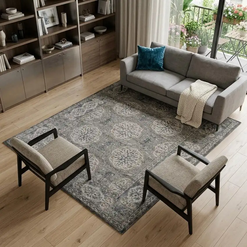 Charcoal And Gray Medallion Area Rug Photo 1