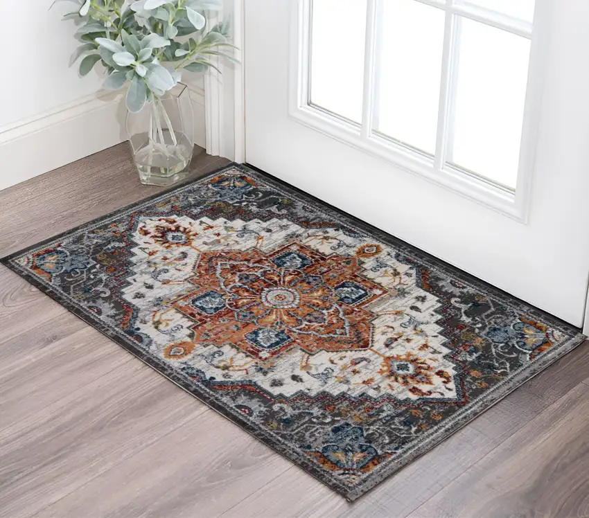Gray Rust and Orange Medallion Power Loom Area Rug Photo 1
