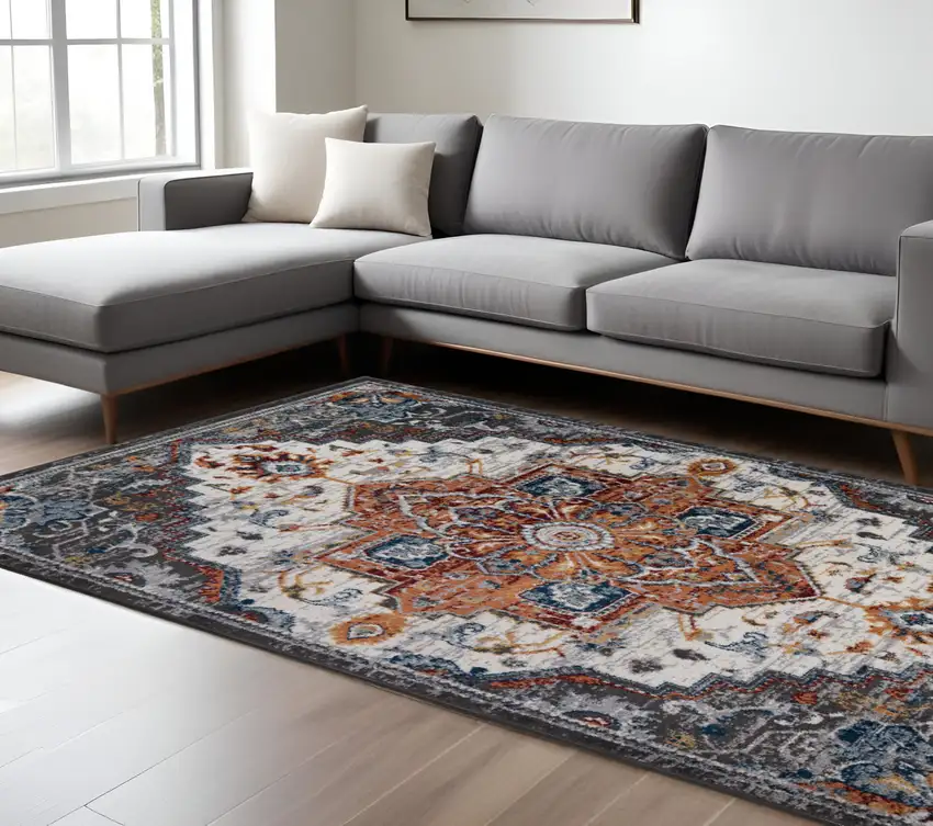 Gray Rust and Orange Medallion Power Loom Area Rug Photo 1