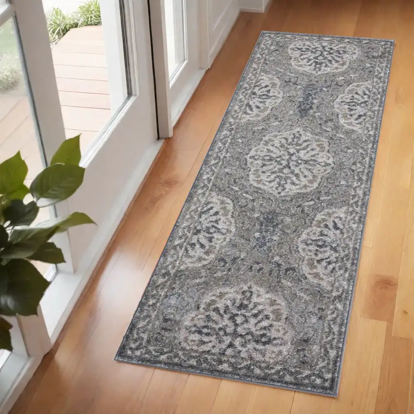 6' Charcoal and Gray Medallion Power Loom Runner Rug Photo 1