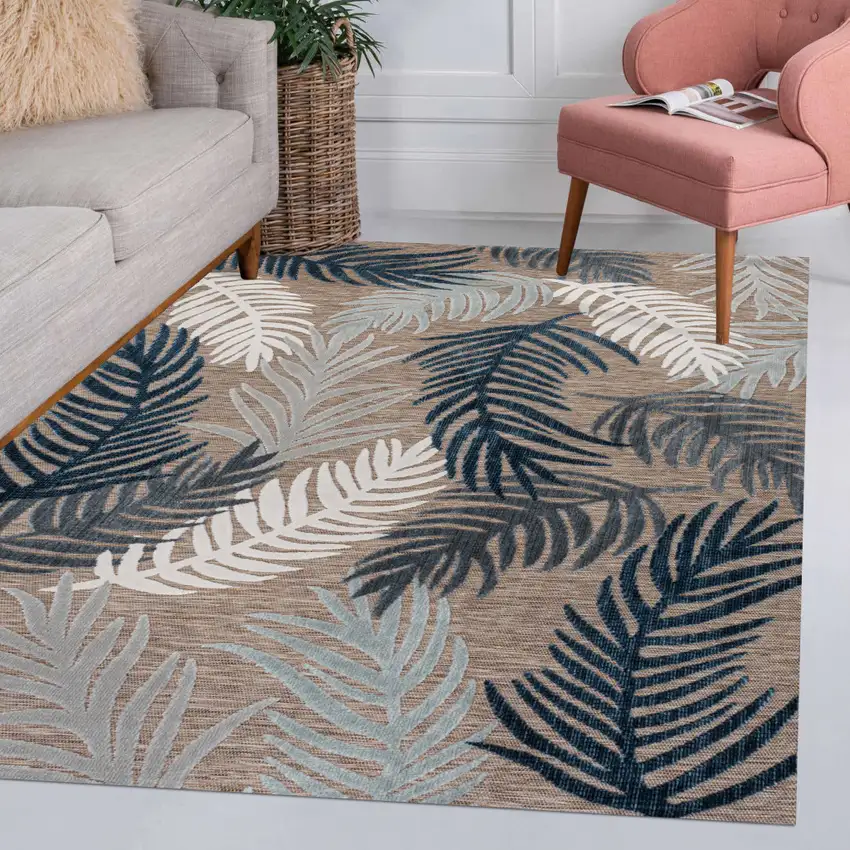 Brown Navy Blue And Ivory Floral Indoor Outdoor Area Rug Photo 9