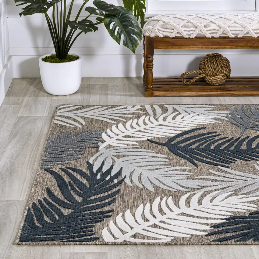 Brown Navy Blue And Ivory Floral Indoor Outdoor Area Rug Photo 6
