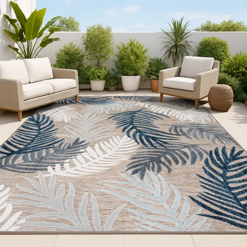 Brown Navy Blue And Ivory Floral Indoor Outdoor Area Rug Photo 4
