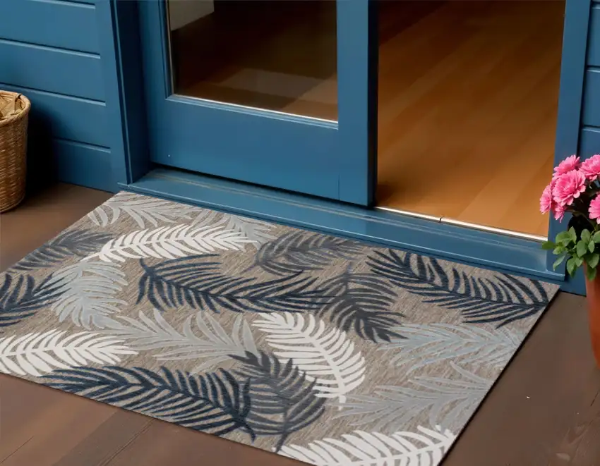 Brown Navy Blue And Ivory Floral Indoor Outdoor Area Rug Photo 1
