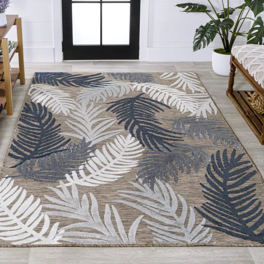 Brown Navy Blue And Ivory Floral Indoor Outdoor Area Rug Photo 7