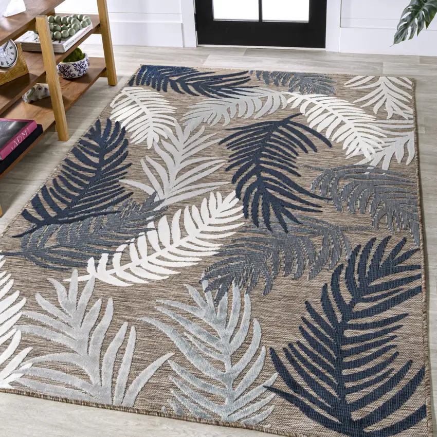 Brown Navy Blue And Ivory Floral Indoor Outdoor Area Rug Photo 5