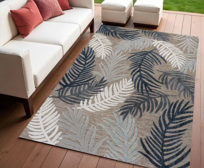 Brown Navy Blue And Ivory Floral Indoor Outdoor Area Rug Photo 1