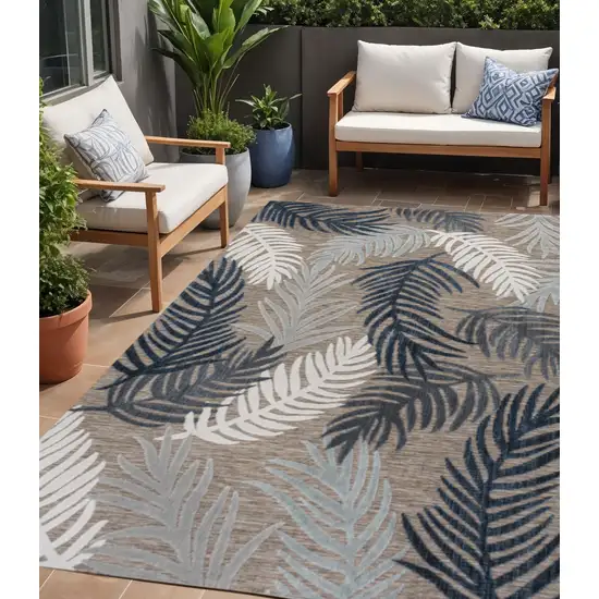 Brown Navy Blue And Ivory Floral Indoor Outdoor Area Rug Photo 1